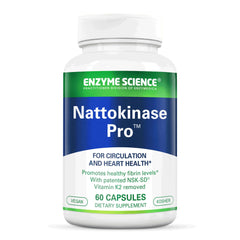 Enzyme Science Nattokinase Pro bottle front showcases vegan, kosher formula for circulatory support.