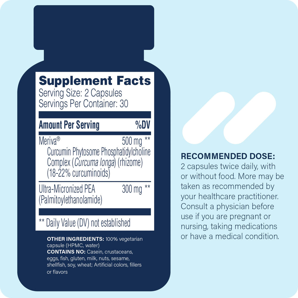 Enzyme Science PEA+ capsule closeup highlights Meriva curcumin blend.