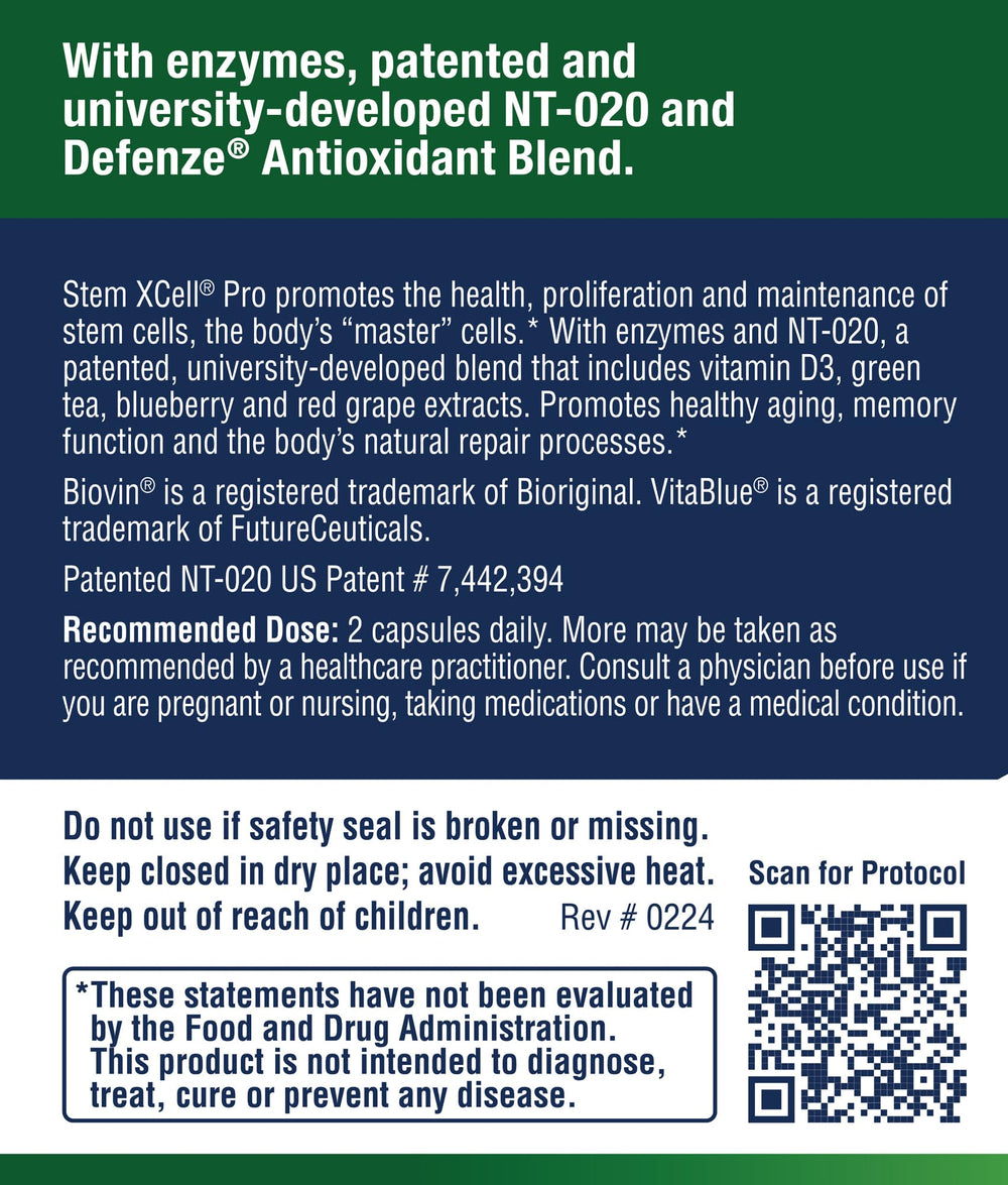Enzyme Science Stem XCell Pro label reading emphasizing NT-020 blend and vitamin D3.