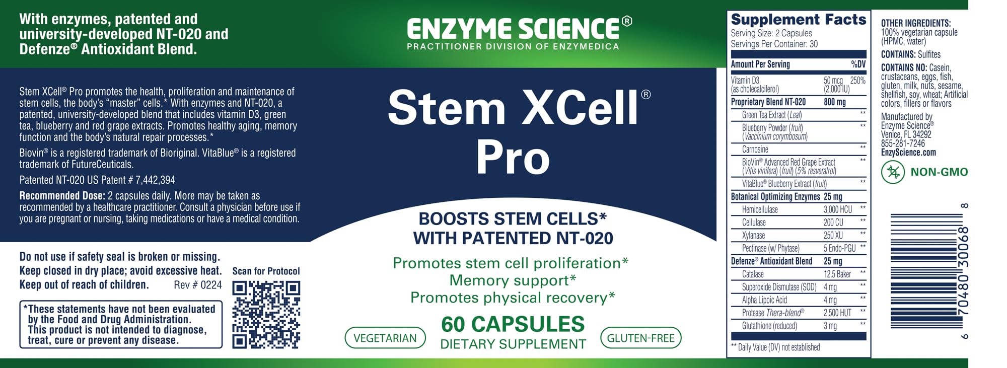 Enzyme Science Stem XCell Pro NT-020 ingredients close-up highlights antioxidant blend.