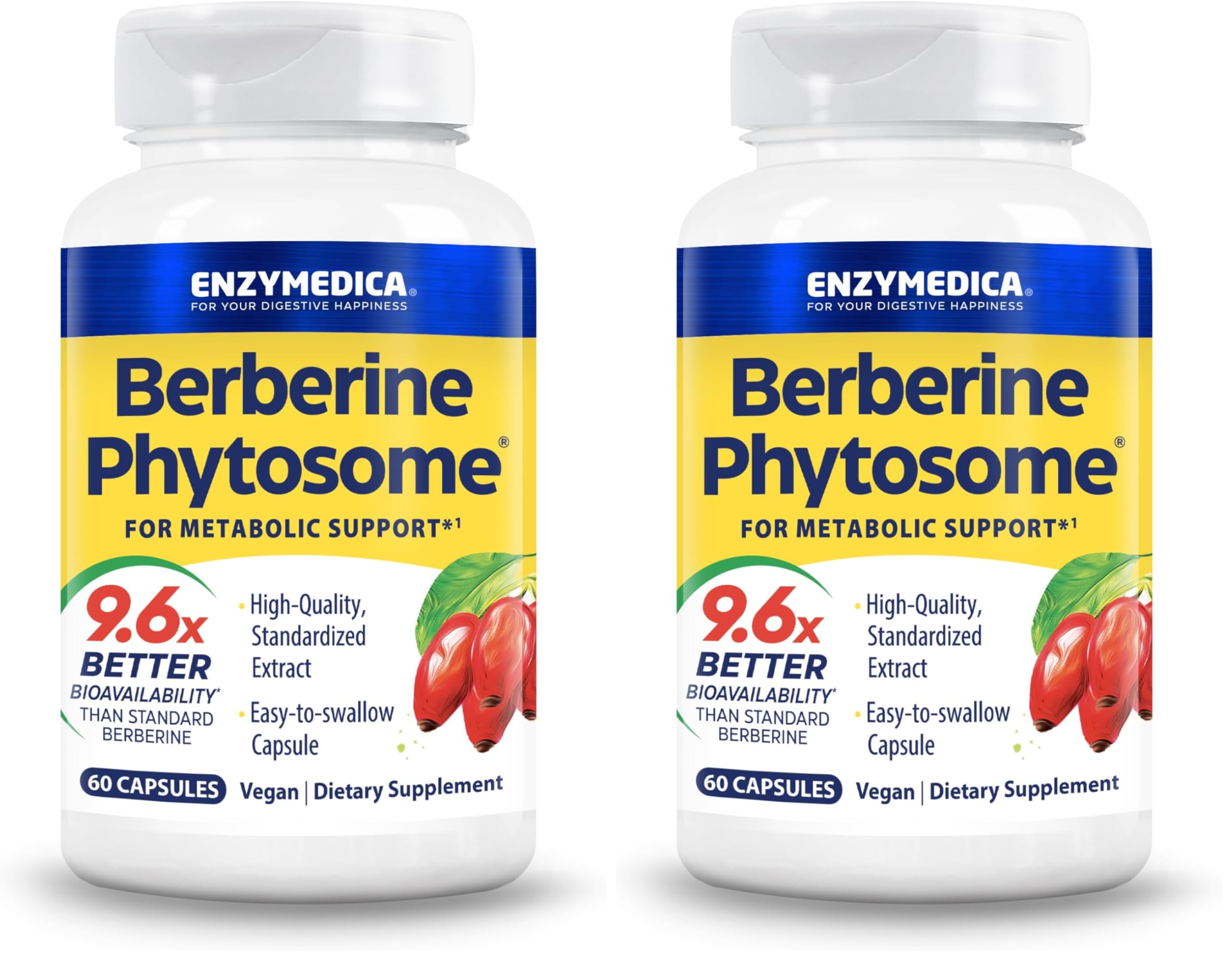 Enzymedica Berberine Phytosome bottle with capsules, suggesting high bioavailability for metabolic support.