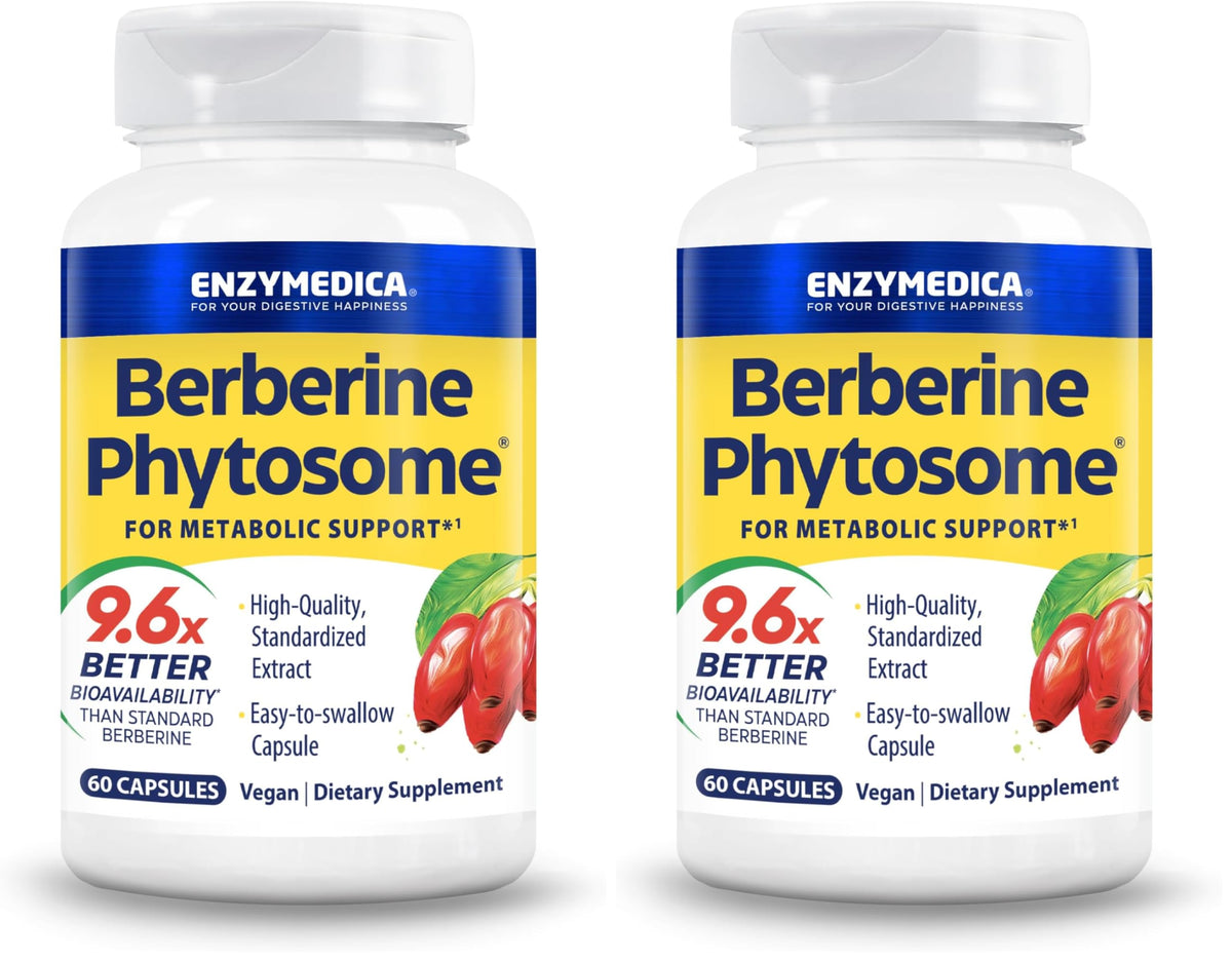 Enzymedica Berberine Phytosome bottle with capsules, suggesting high bioavailability for metabolic support.