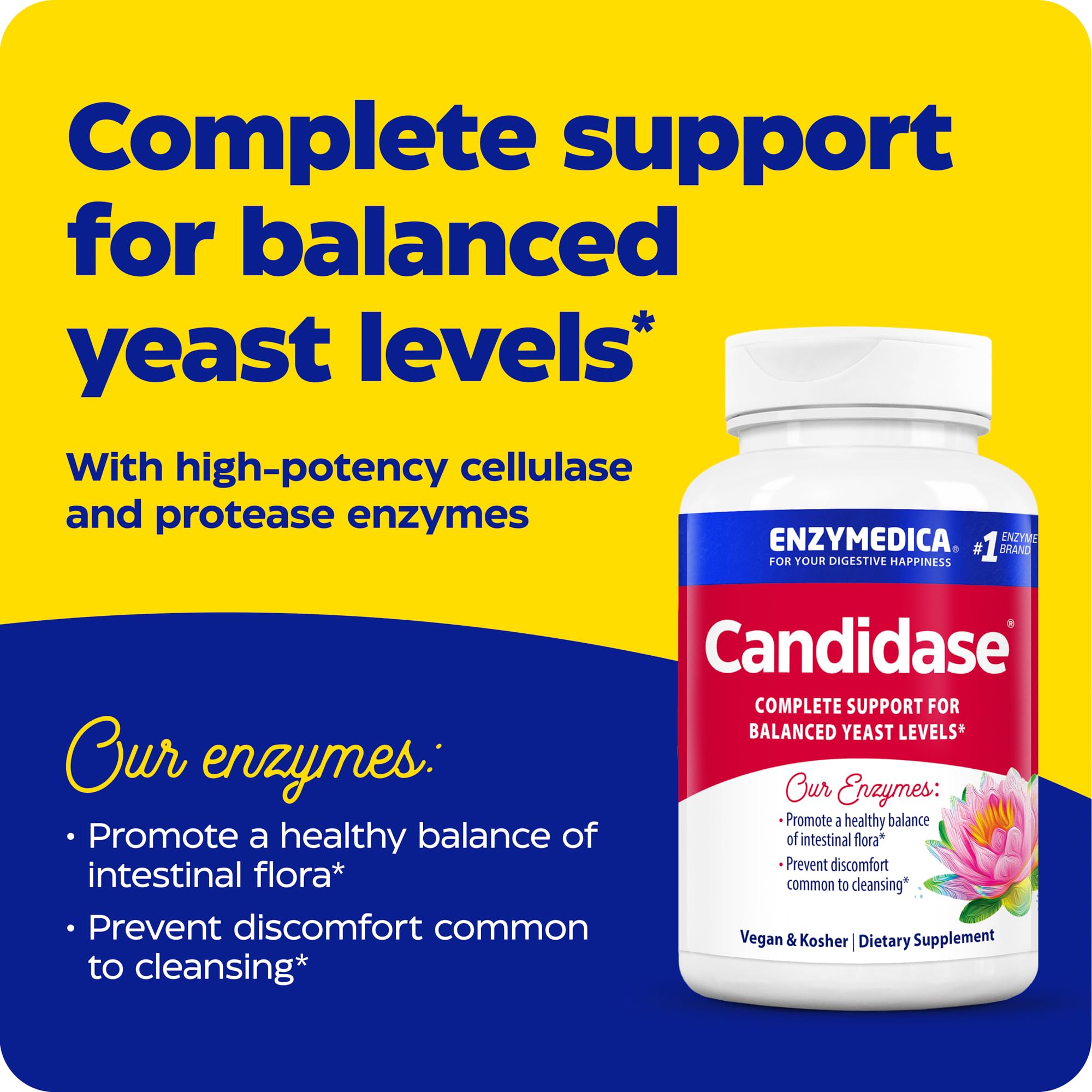 Enzymedica Candidase bottle label highlights vegan, gluten-free ingredients for clean gut health.