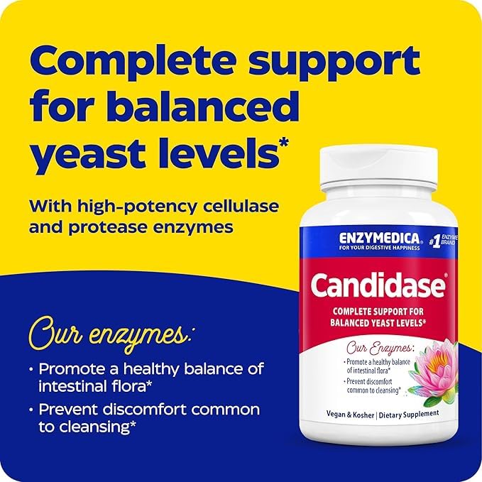 Enzymedica Candidase capsules pouring into hand for easy daily use.