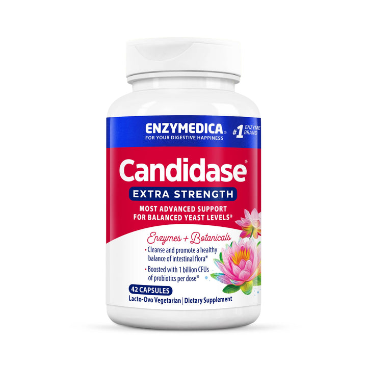 Enzymedica Candidase extra-strength bottle with capsules supporting balanced yeast levels.