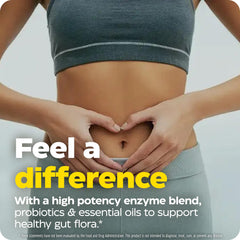 Thera-blend diagram shows dual enzyme blends for targeted intestinal support.