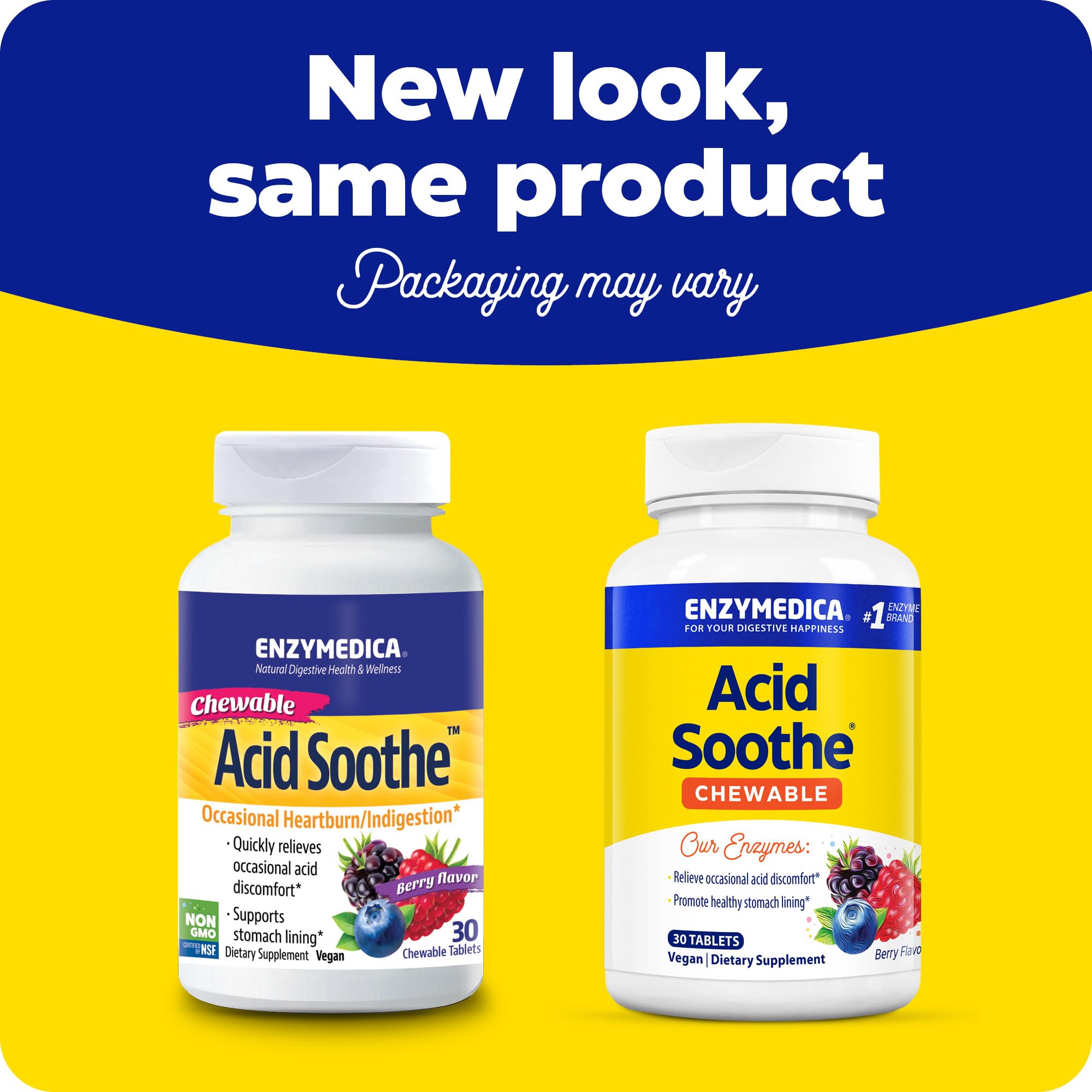 Enzymedica Acid Soothe bottle close-up highlights vegan, non-GMO chews for versatile daily use.