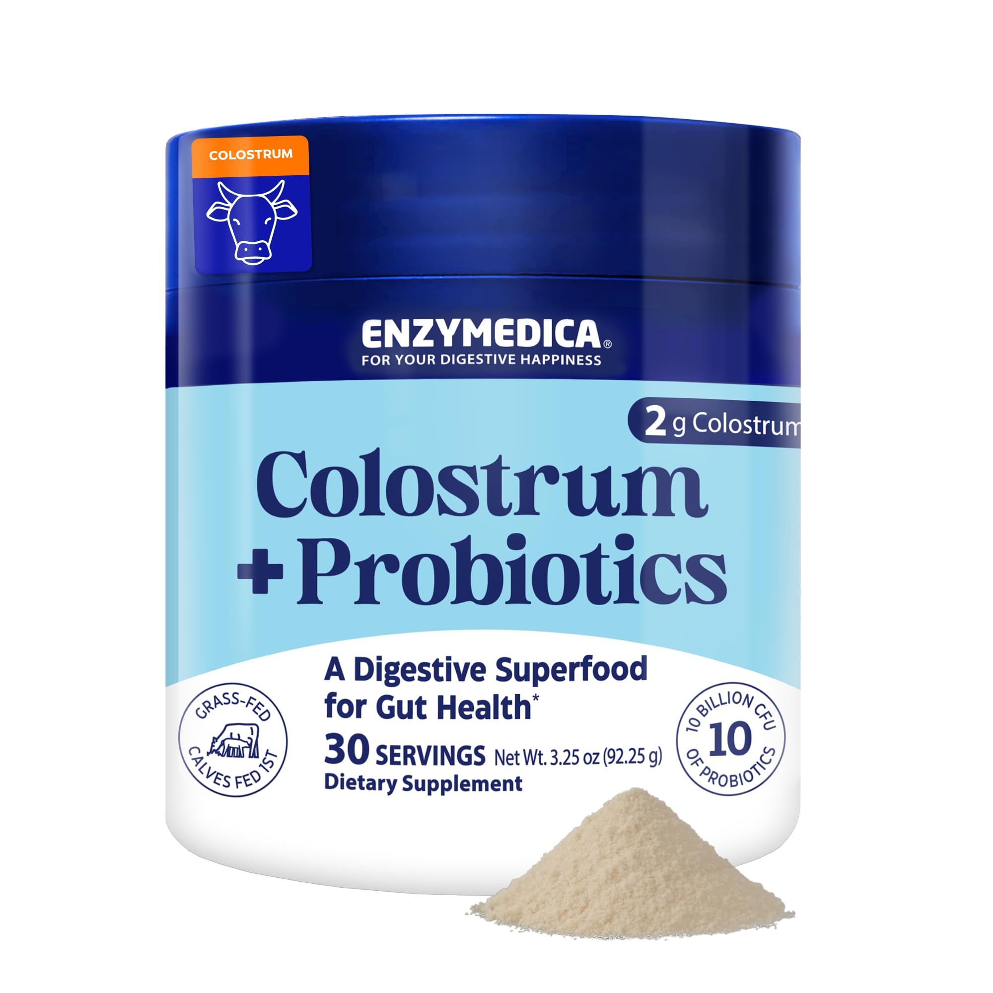 Enzymedica Colostrum Probiotics bottle and scoop support gut balance