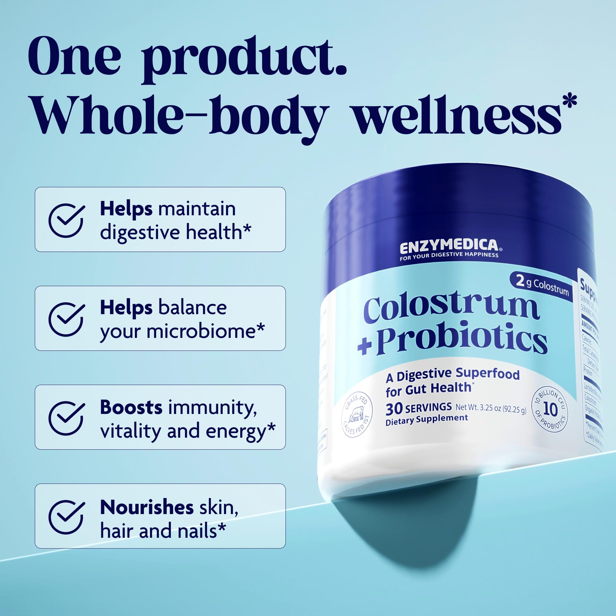 Enzymedica Colostrum Probiotics in a smoothie glass for immune vitality