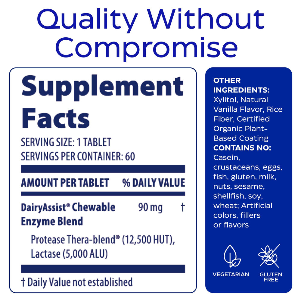 Enzymedica DairyAssist vegan and kosher label emphasizing clean ingredients