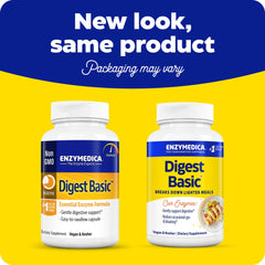 Enzymedica Digest Basic capsules closeup highlights easy-to-take enzyme aid.