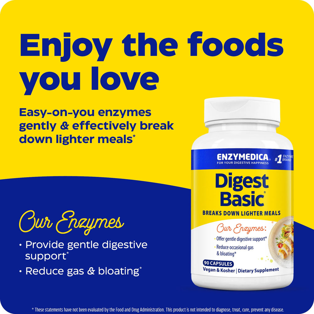 Enzymedica Digest Basic ingredients glass visual communicates natural digestion aid.