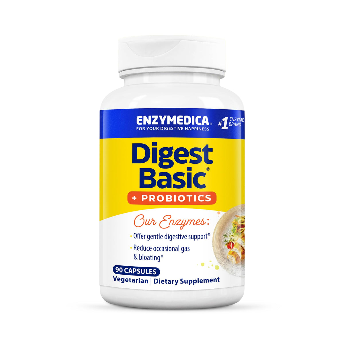 Enzymedica Digest Basic + Probiotics label on bottle, showcasing 2-in-1 digestive support