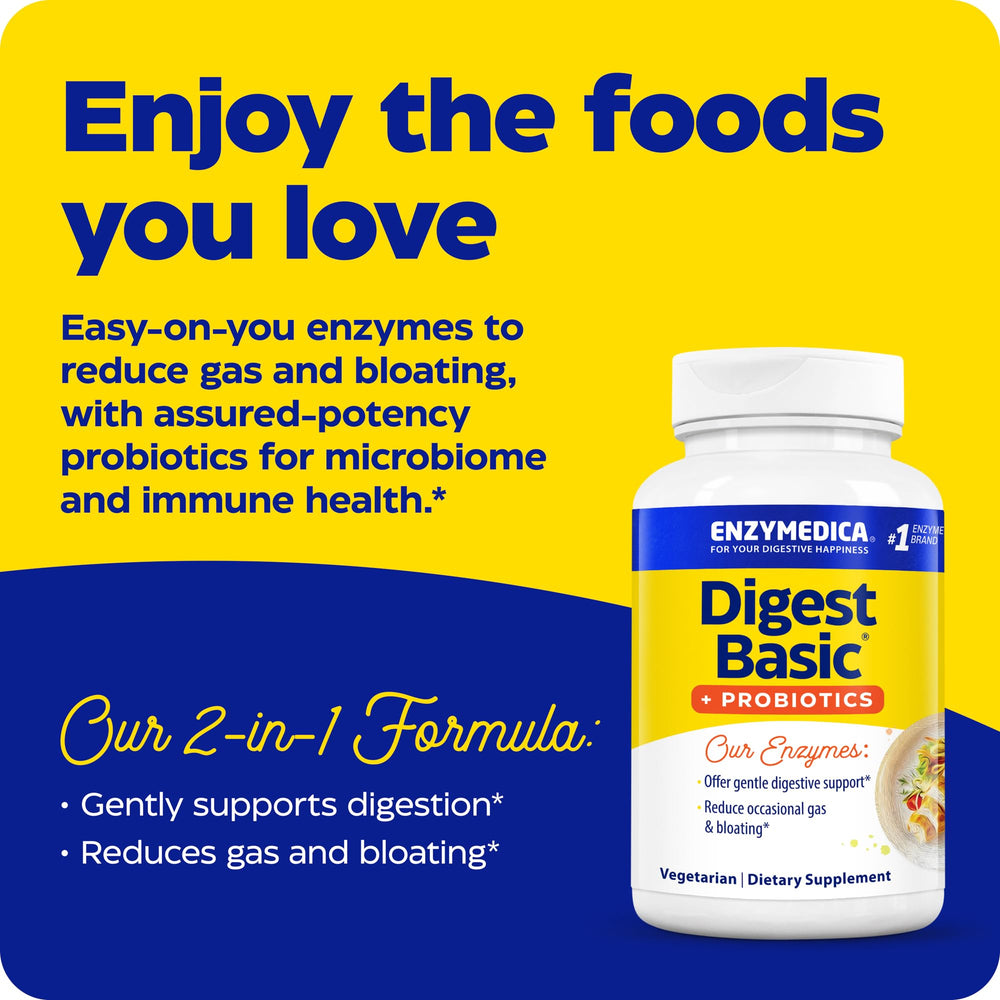 Capsule close-up of Enzymedica Digest Basic + Probiotics, demonstrating easy-to-take dosing