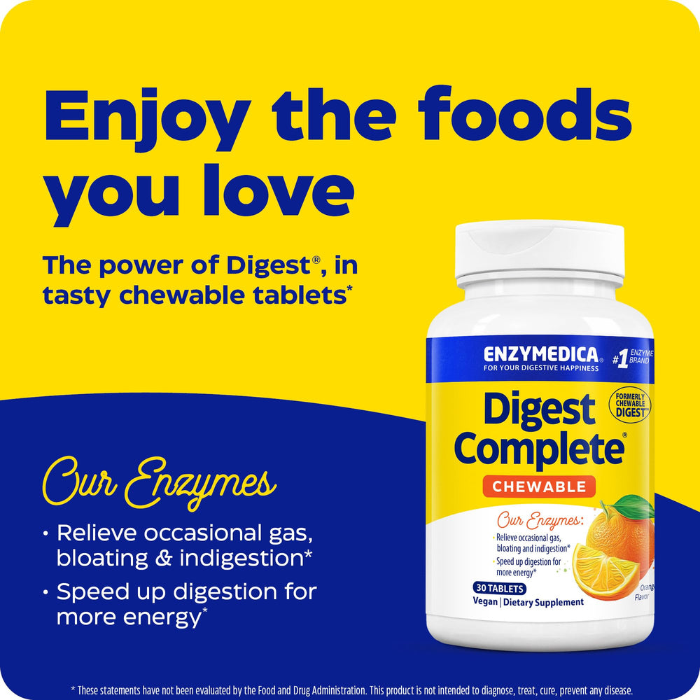 Enzymedica Digest Chewable tablets in hand suggest on-the-go support
