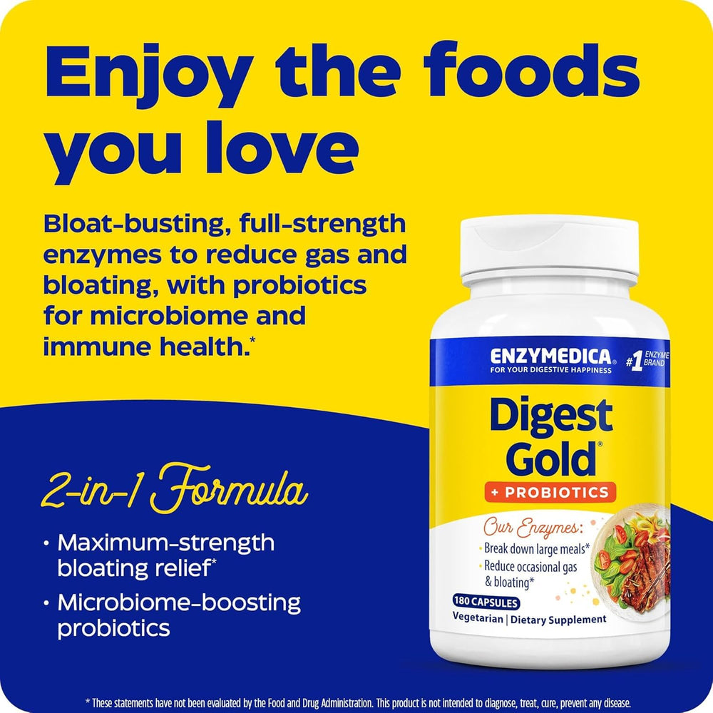 Enzymedica Digest Gold label detail showing the 2-in-1 formula.