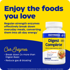 Enzymedica Digest bottle shown with a meal to illustrate post-meal support.