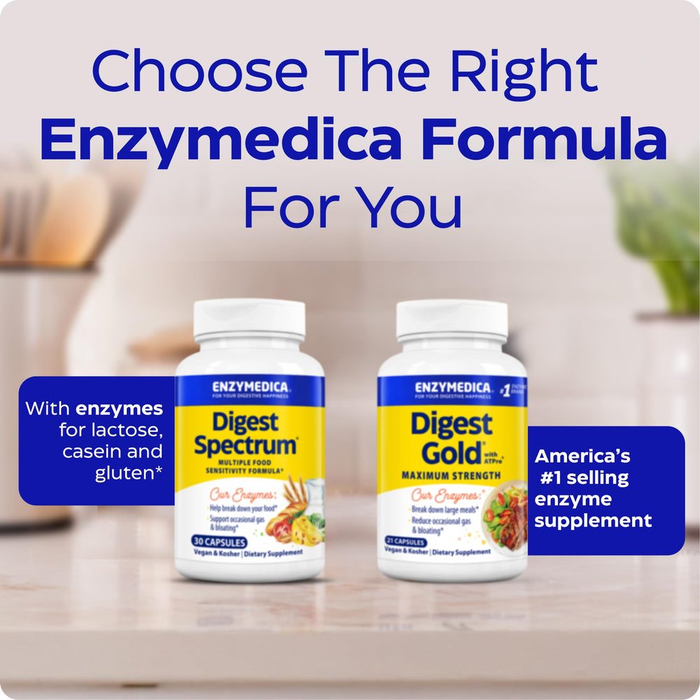 Enzymedica Digest Spectrum box packaging on the kitchen counter for daily use.