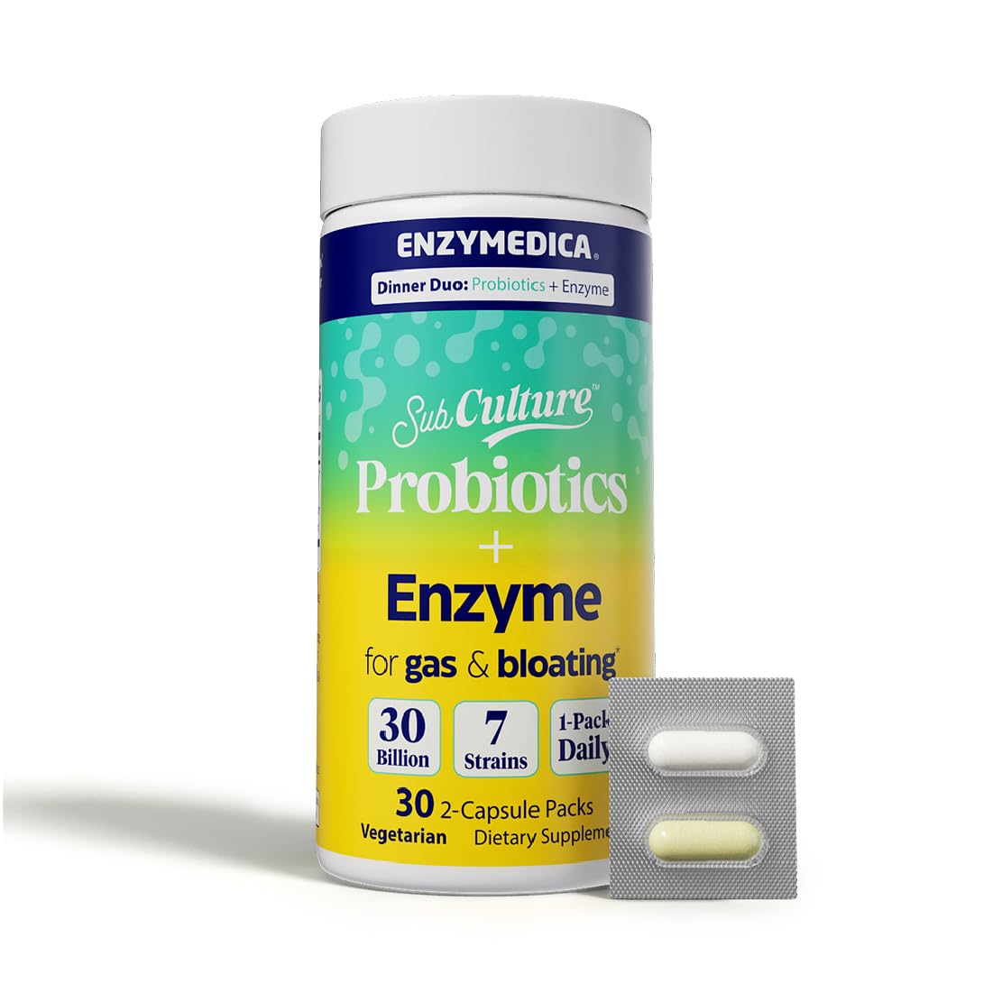 Enzymedica Dinner Duo packaging front shows probiotic and enzyme blend for digestive support