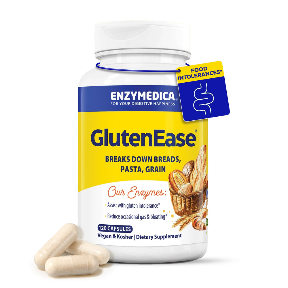 Enzymedica GlutenEase bottle closeup showing the fast-acting gluten digesting formula