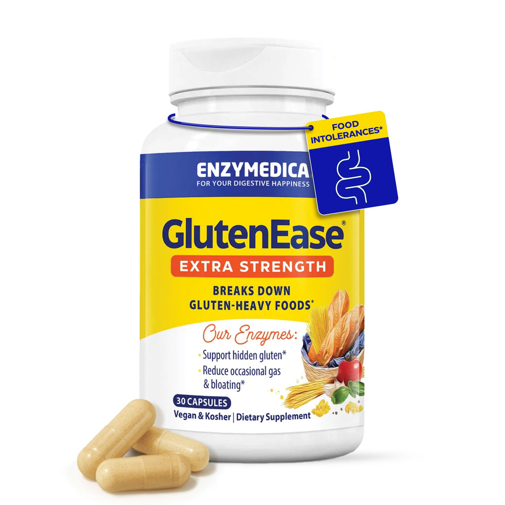 Enzymedica GlutenEase Extra Strength bottle front shows gluten digestion support for daily use