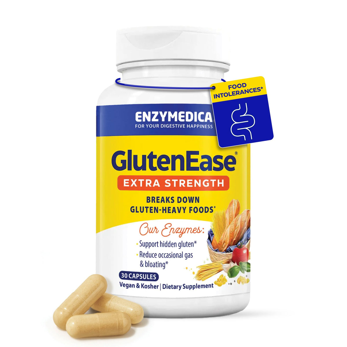 Enzymedica GlutenEase Extra Strength bottle front shows gluten digestion support for daily use