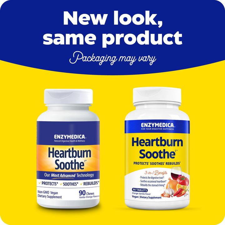 Enzymedica Heartburn Soothe bottle with label showing ingredients and sugar-free flavor.