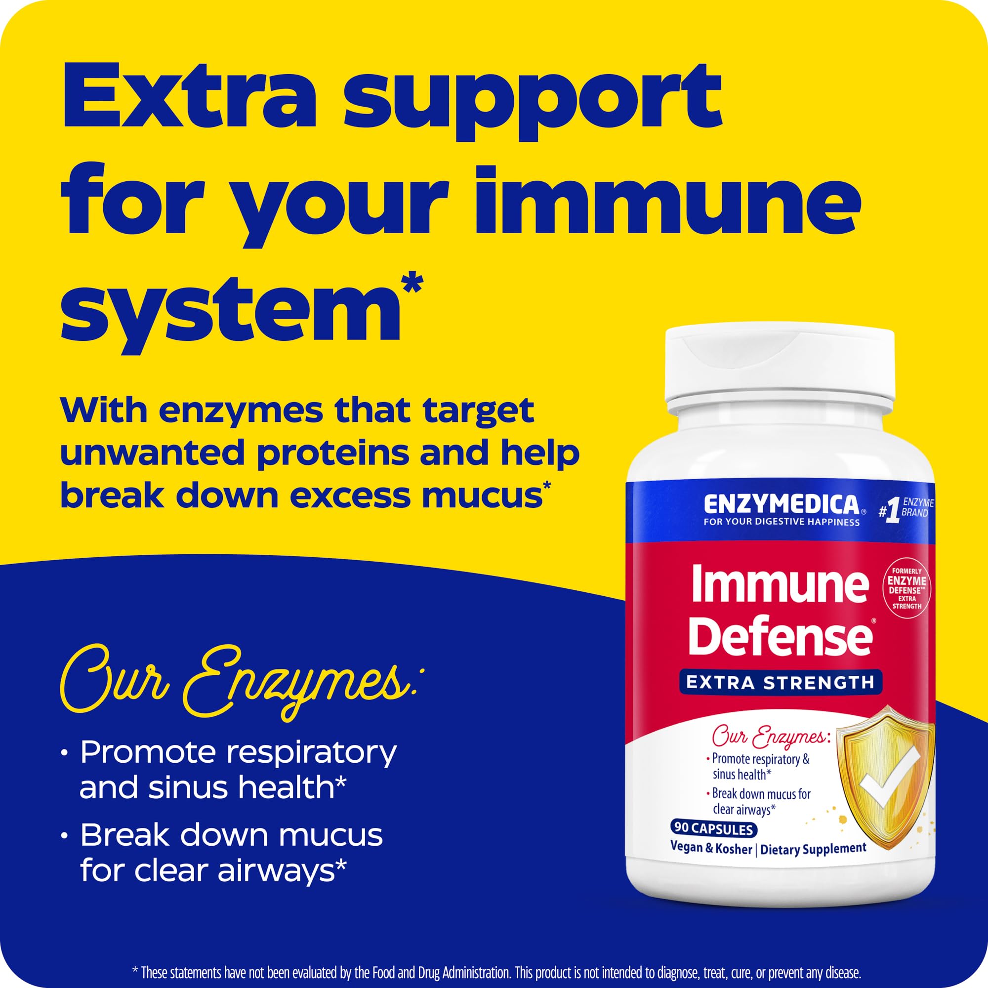 Enzymedica Immune Defense label close-up shows vegan, non-GMO, kosher, gluten-free traits