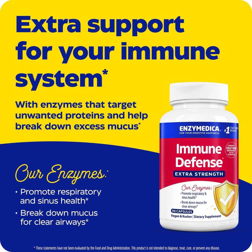 Enzymedica Immune Defense label close-up shows vegan, non-GMO, kosher, gluten-free traits
