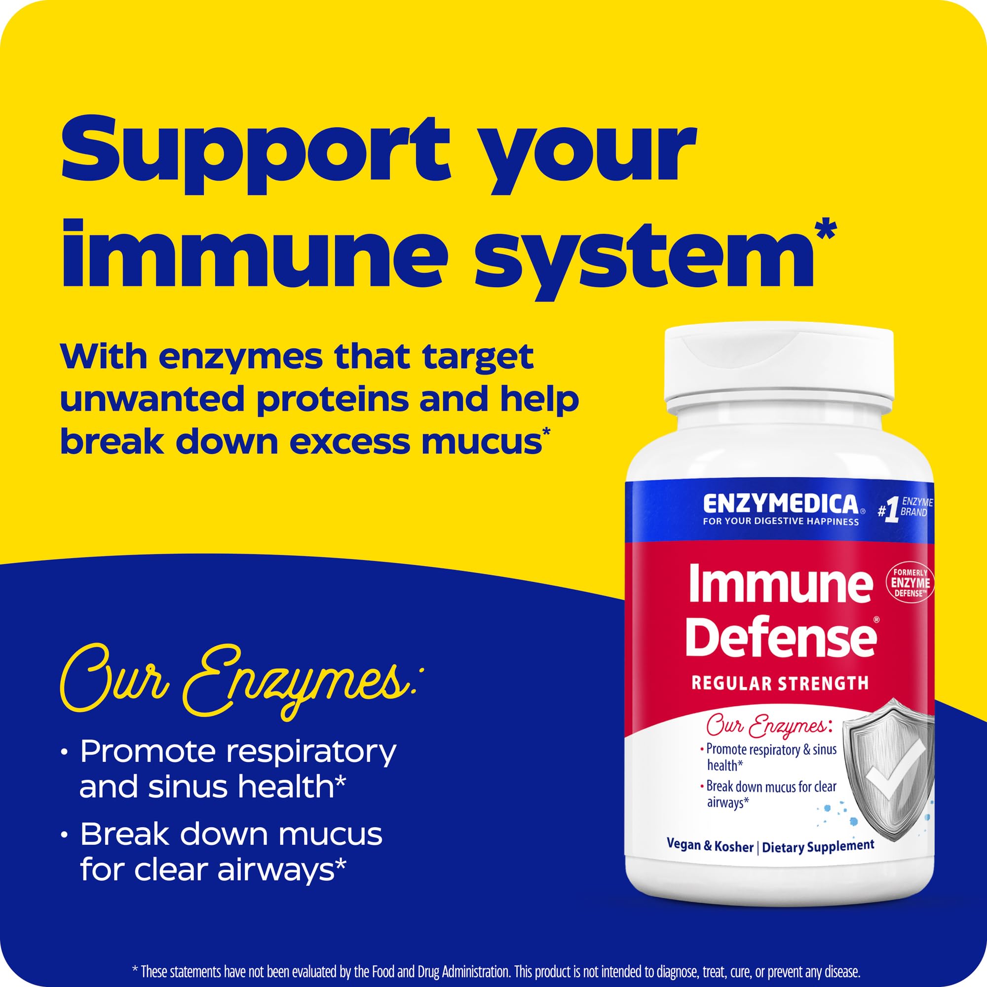 Enzymedica Immune Defense regular-strength label detail shows Thera-blend technology and ingredients.