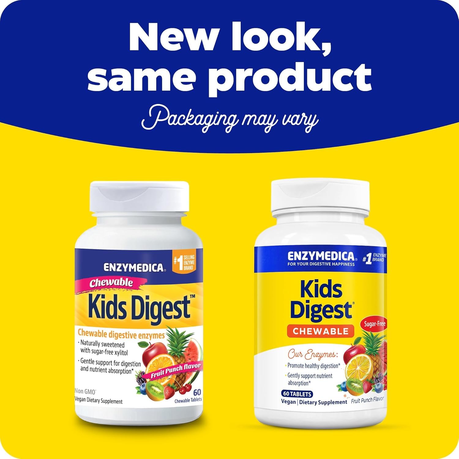 Enzymedica Kids Digest fruit punch flavor label highlights tasty daily use.