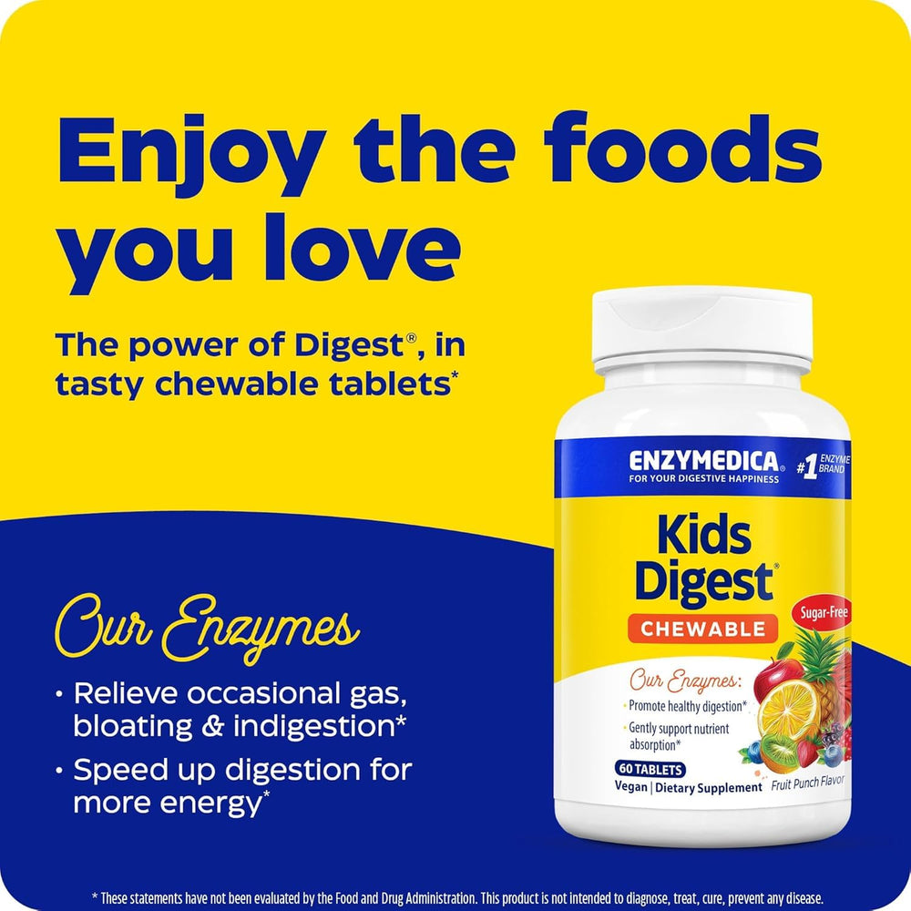 Enzymedica Kids Digest serving sizes graphic shows dosing for daily support.