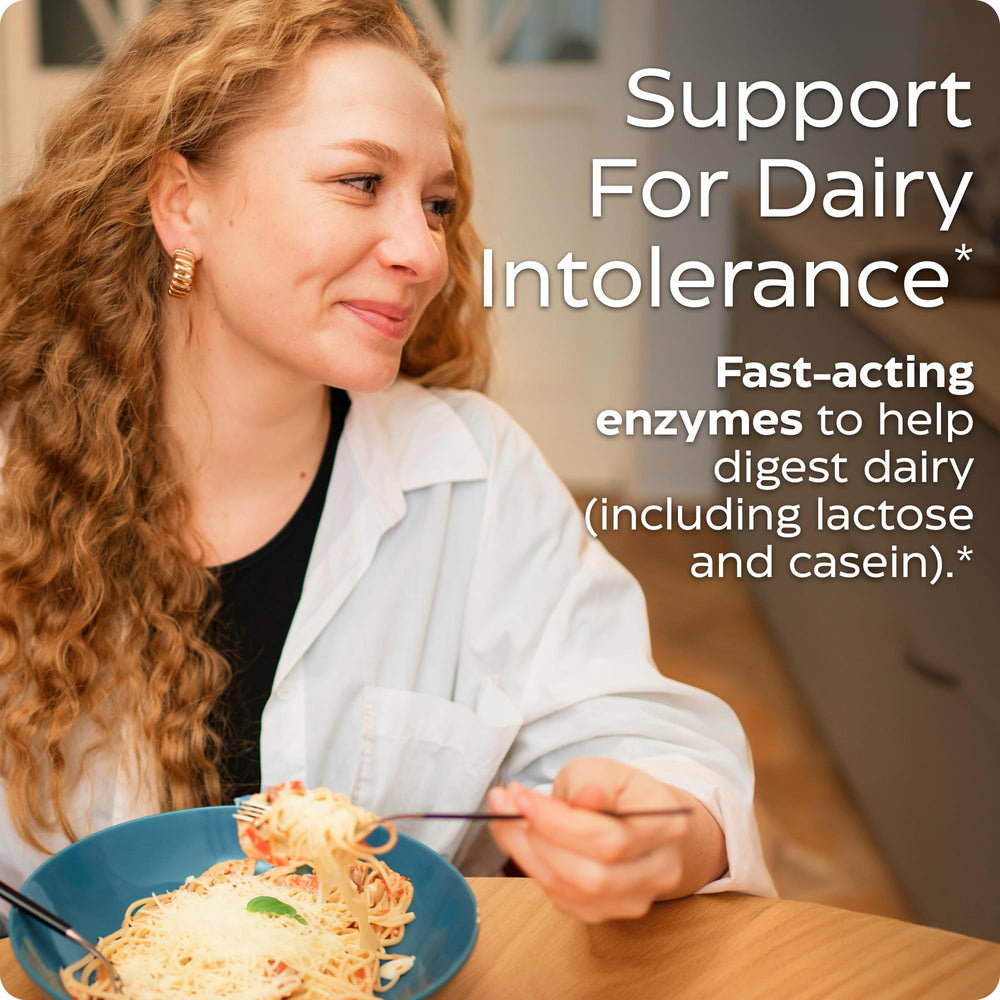 Enzymedica Lacto 3-in-1 formula icons showing lactose, casein, and fat targets.