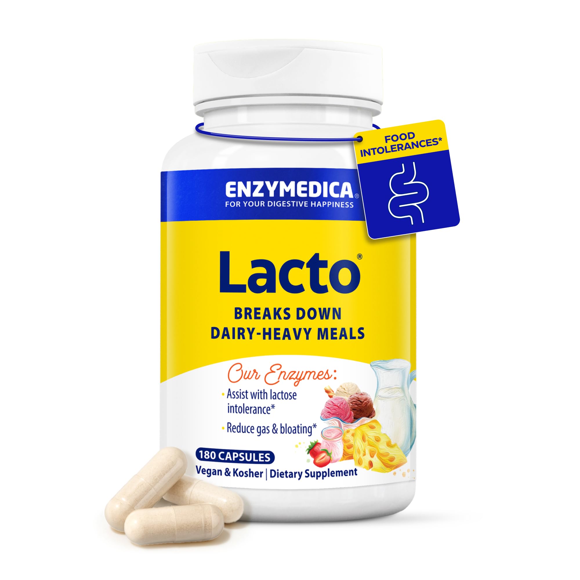 Enzymedica Lacto bottle and capsules for dairy digestion after meals.