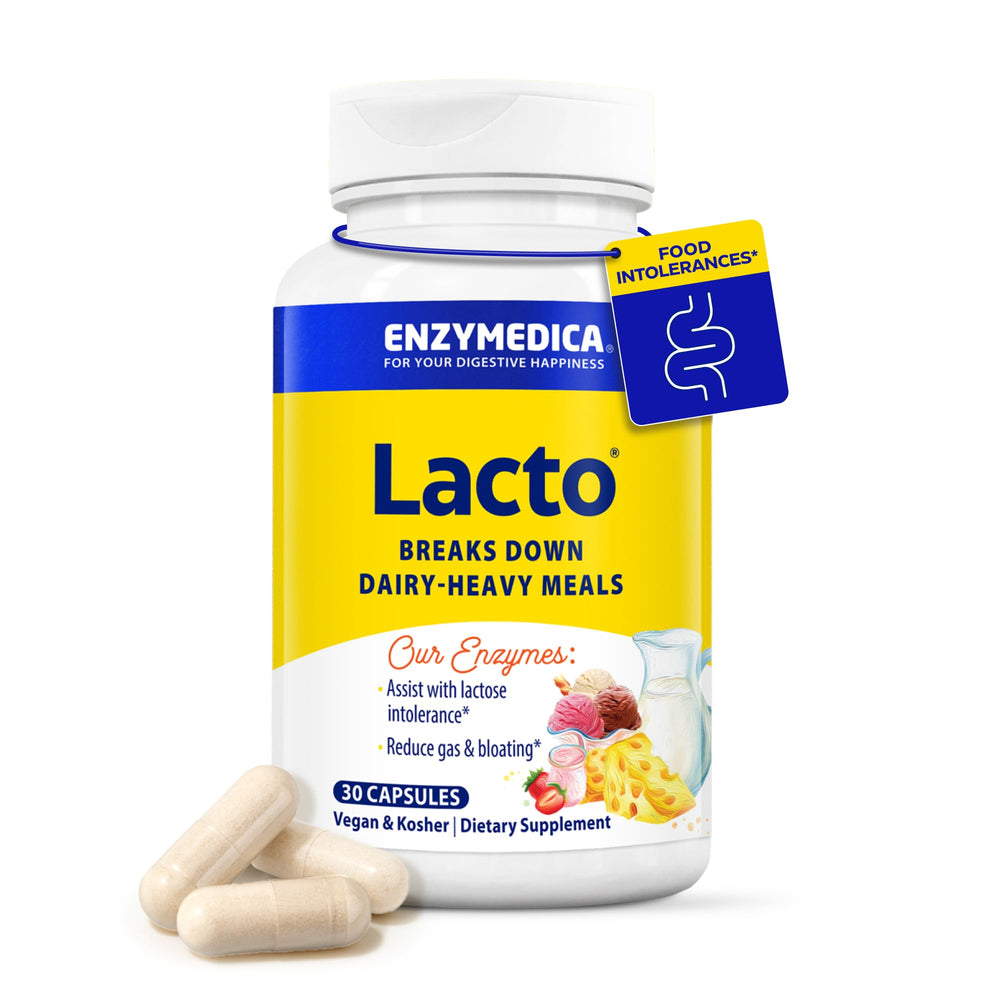 Enzymedica Lacto bottle and capsules ready for dairy digestion after meals.
