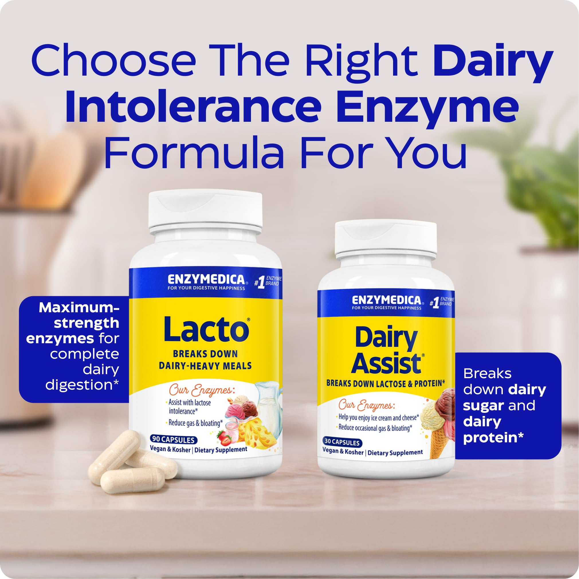 Enzymedica Lacto packaging closeup emphasizing lactase content and 3-in-1 formula