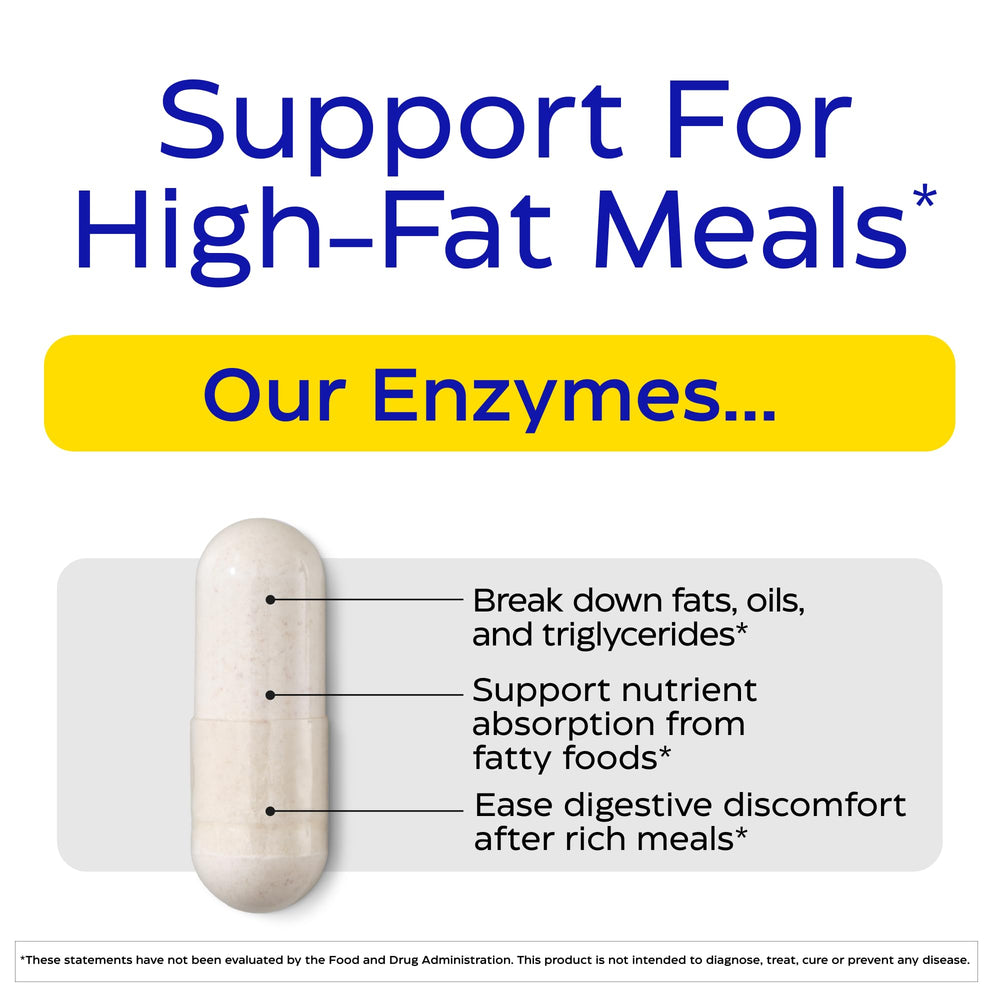 Enzymedica Lypo Gold capsules pouring, suggesting easy daily digestion for fatty meals.