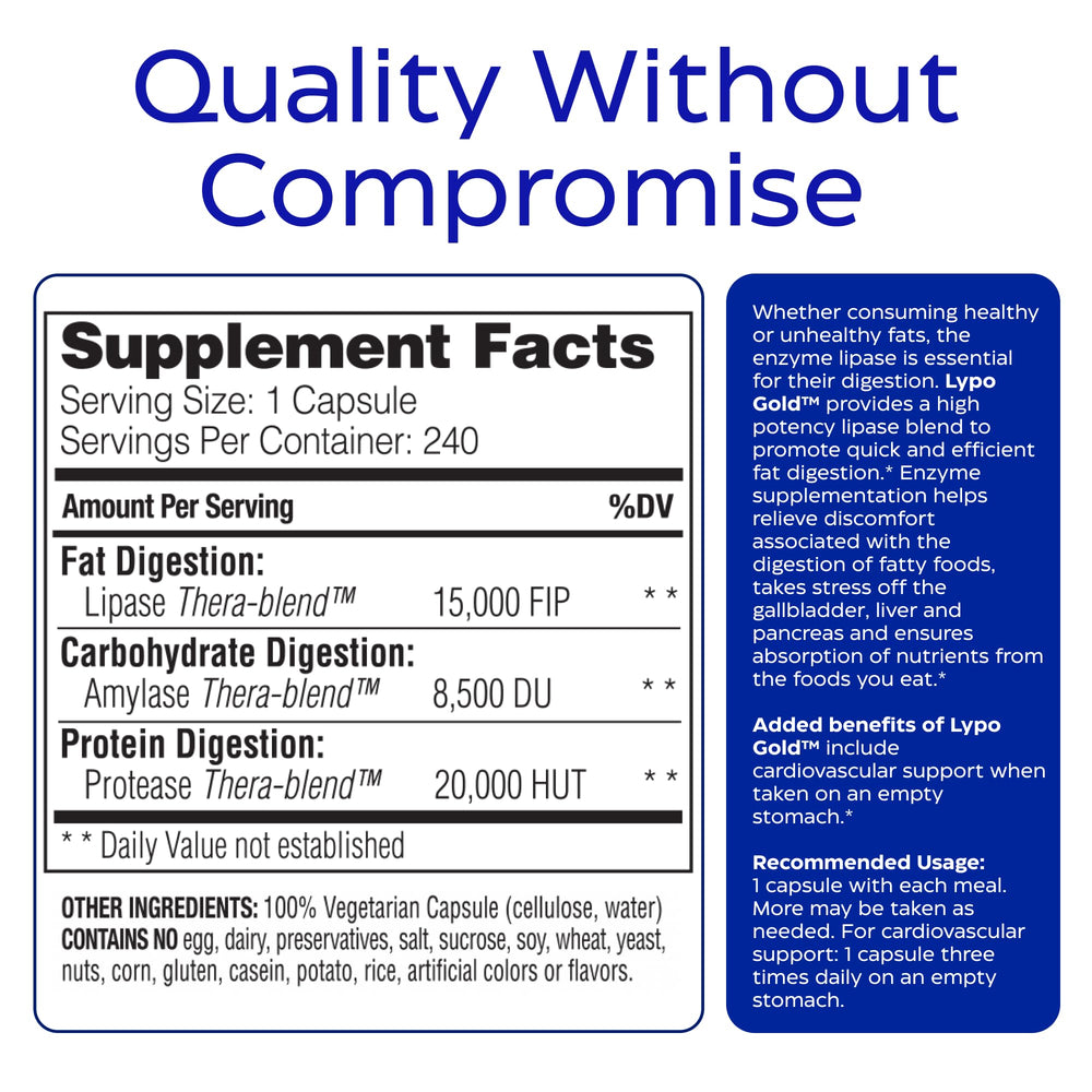 Clean Label Project certification mark on Enzymedica Lypo Gold bottle.