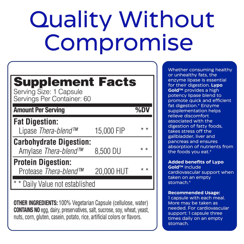Enzymedica Lypo Gold label on bottle highlighting certifications and clean-label features.