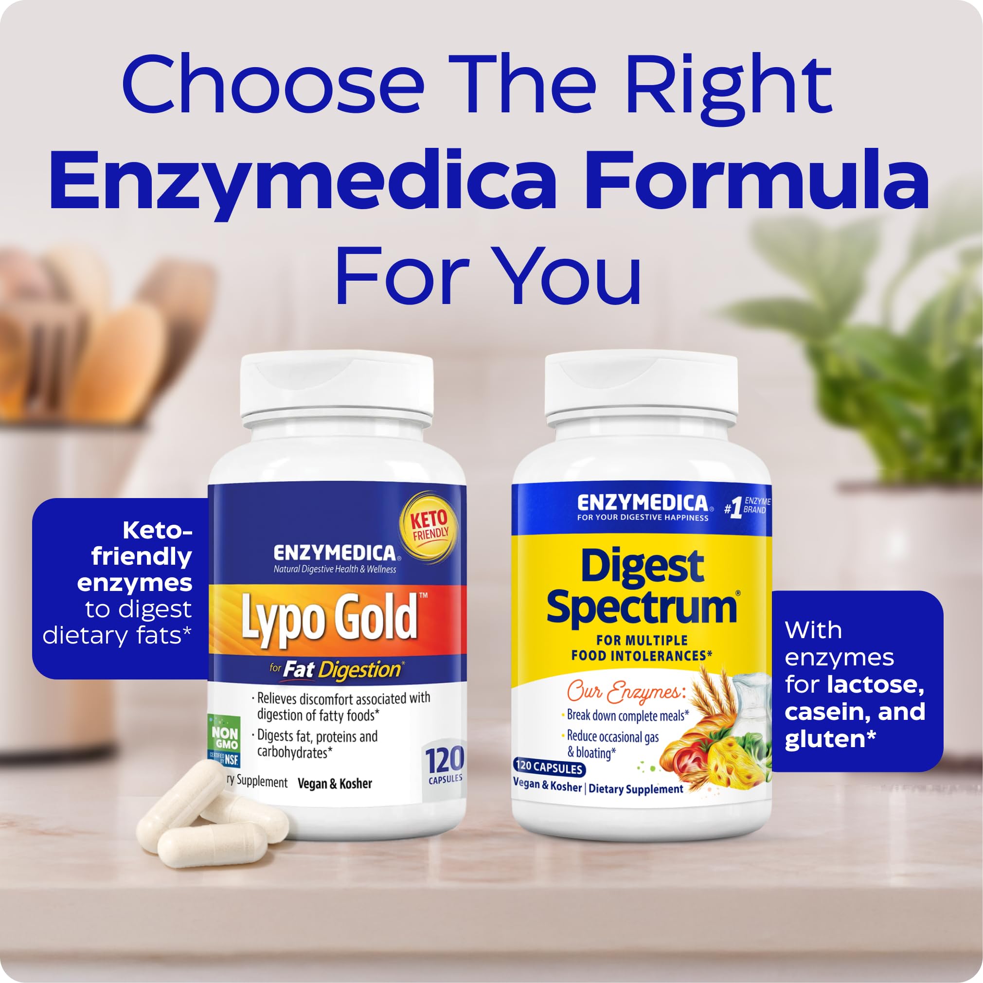 Enzymedica Lypo Gold pictured with balanced meals for everyday use.