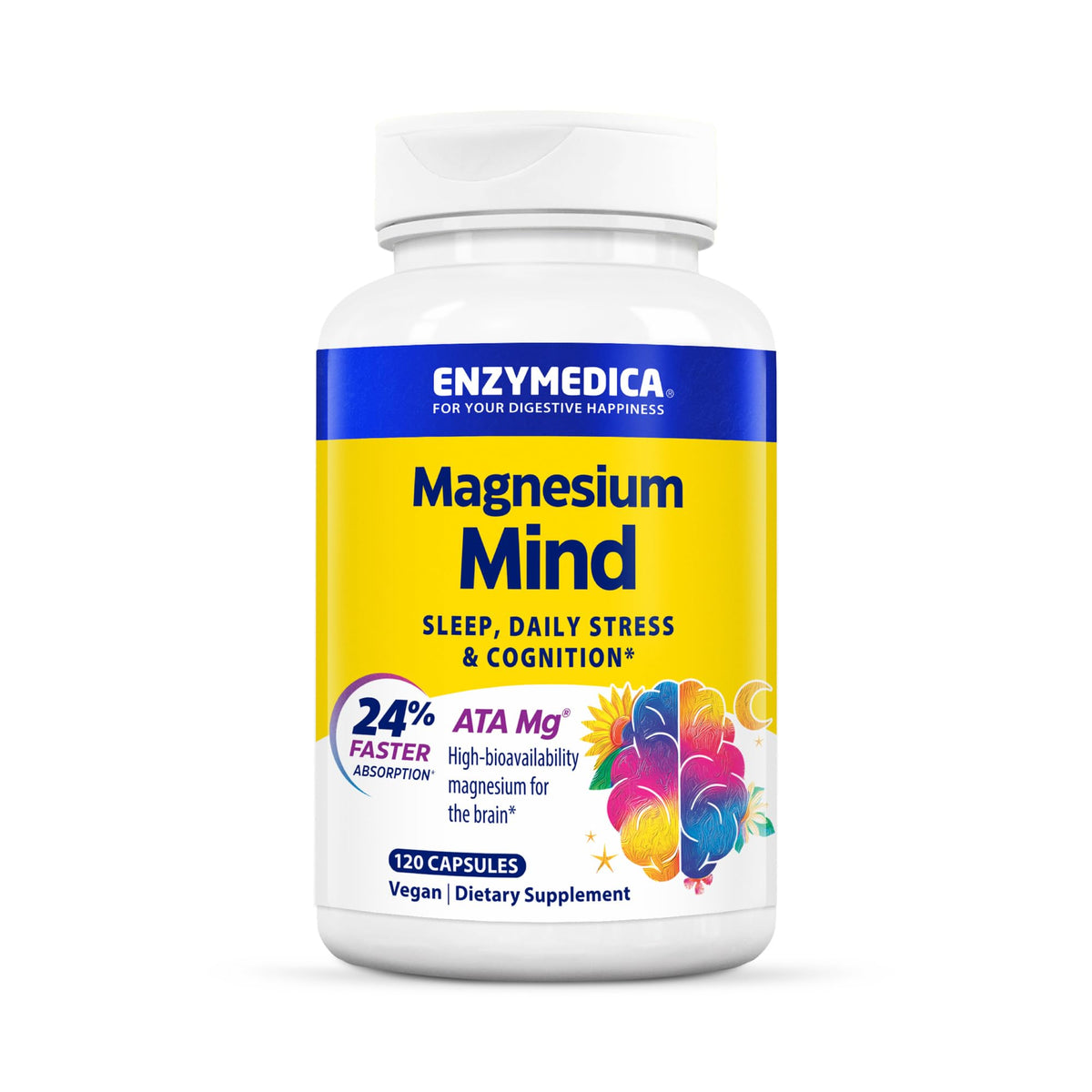 Enzymedica Magnesium Mind ATA Mg bottle on a nightstand for calm evenings