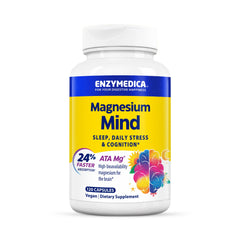 Enzymedica Magnesium Mind ATA Mg bottle on a nightstand for calm evenings