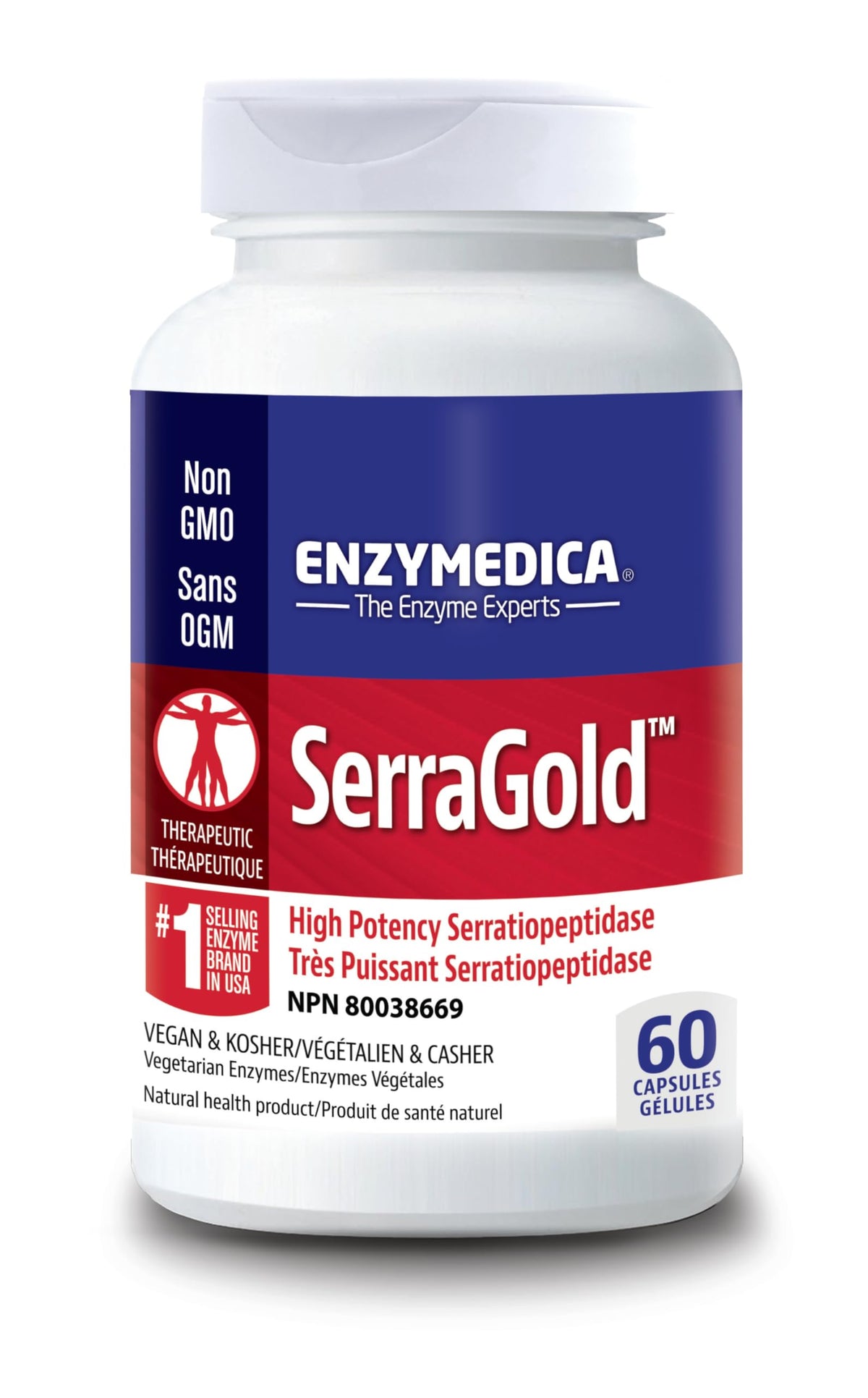 Enzymedica SerraGold bottle label highlighting high-potency serrapeptase