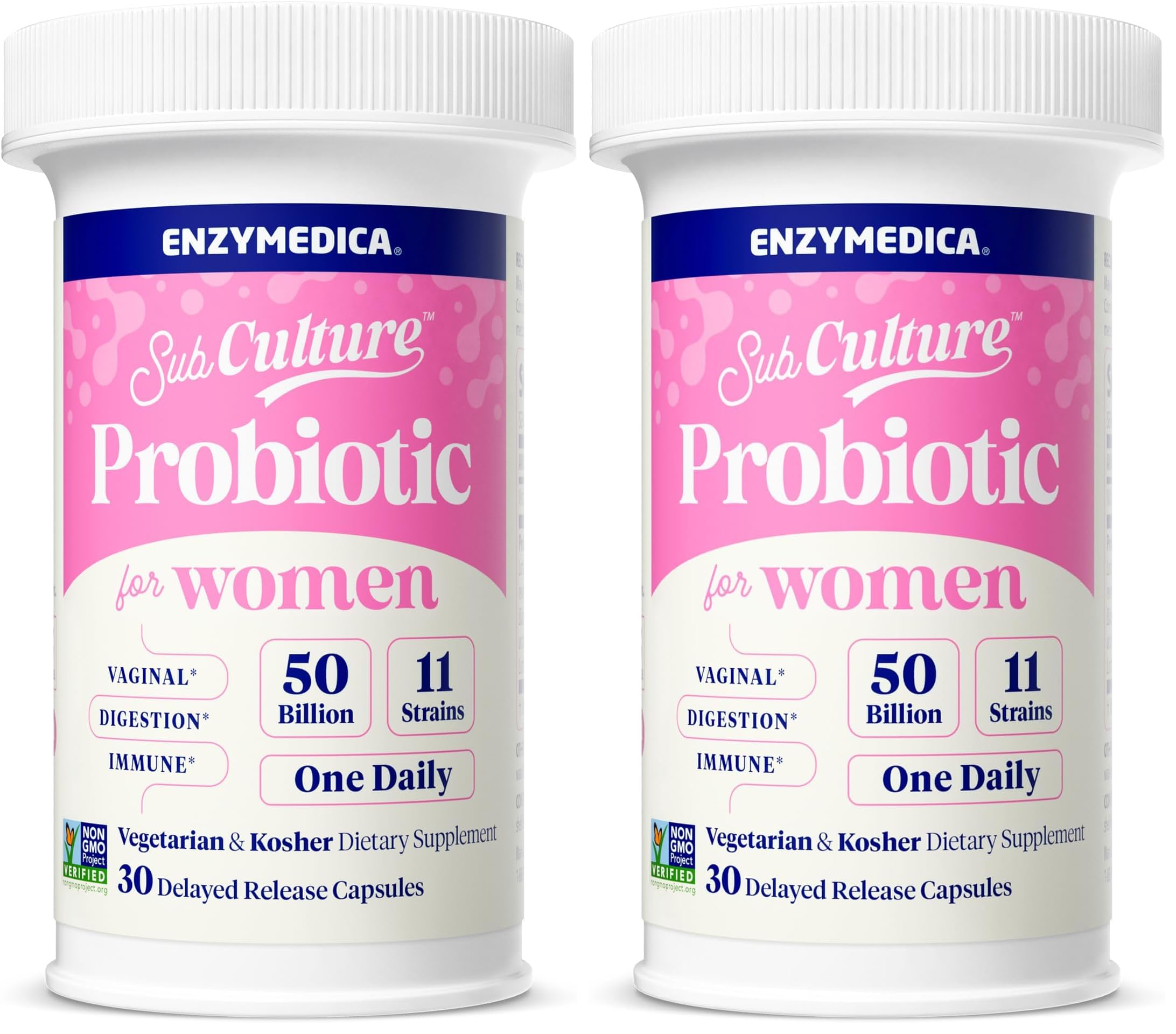 Enzymedica SubCulture Women bottle showing 50B CFU probiotic formula for vaginal support.