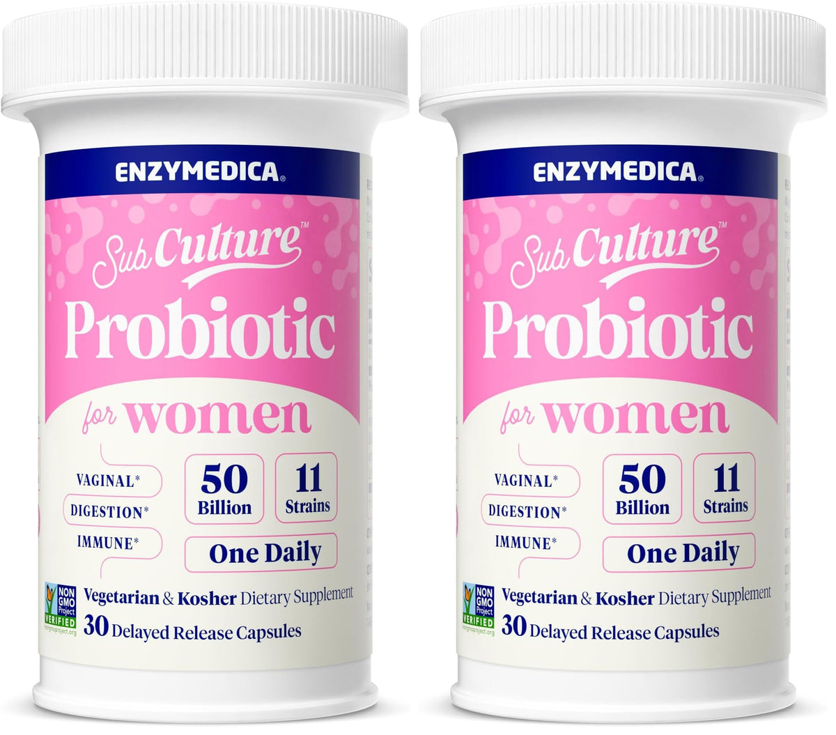 Enzymedica SubCulture Women bottle showing 50B CFU probiotic formula for vaginal support.