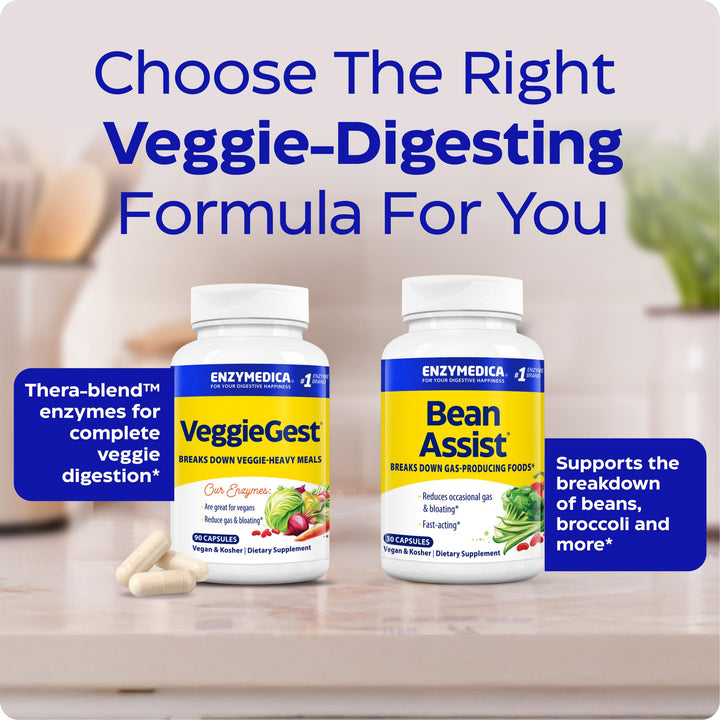 VeggieGest capsules taken with a meal emphasizing dosage with food.
