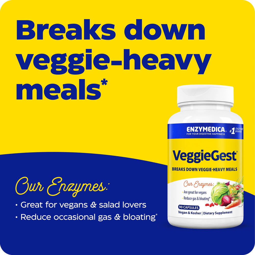Enzymedica VeggieGest capsules-pack demonstrates enzyme blend to help digest fiber-rich foods.
