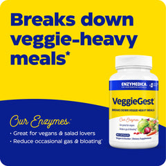 Enzymedica VeggieGest capsules-pack demonstrates enzyme blend to help digest fiber-rich foods.