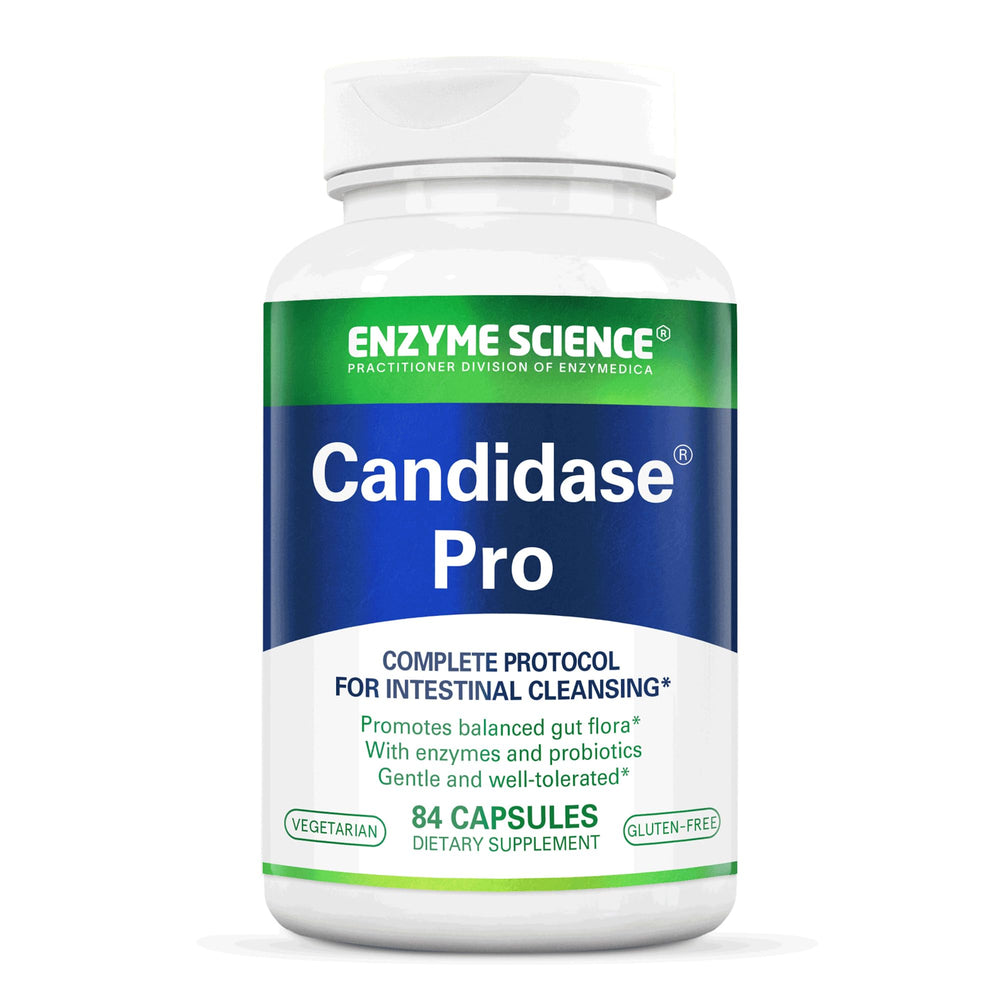 Enzyme Science Candidase Pro bottle on white surface suggesting gut and vaginal balance support