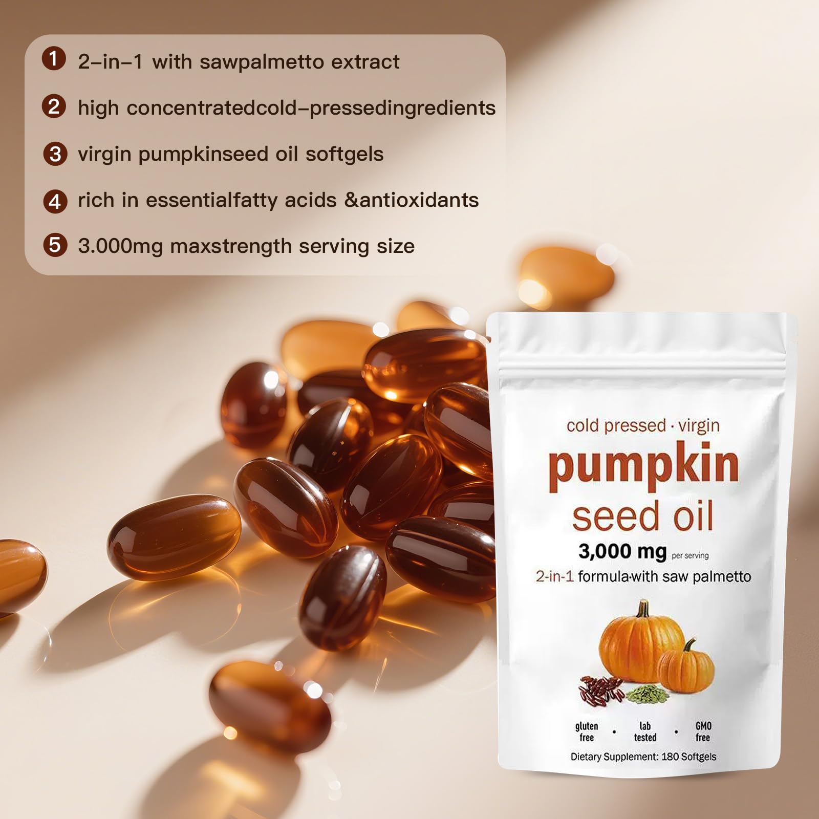 EOQIFJM pumpkin seed oil capsules bottle side shows non-GMO vegan formulation and safety